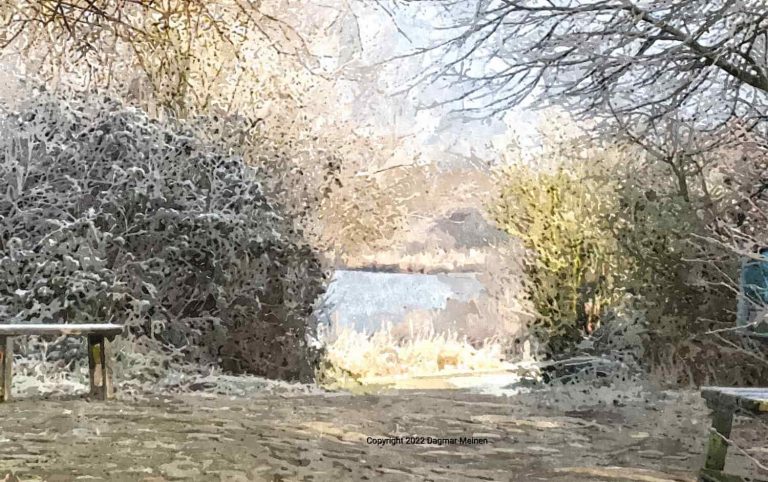 Dieses Bild zeigt eine winterliche Stimmung an einem See im Sonnenlicht. Rechts und links von einem Weg, der mit Basaltsteinen gepflastert ist, stehen raureifbedeckte Büsche. In der Mitte ist der See, der im Sonnenlicht liegt.